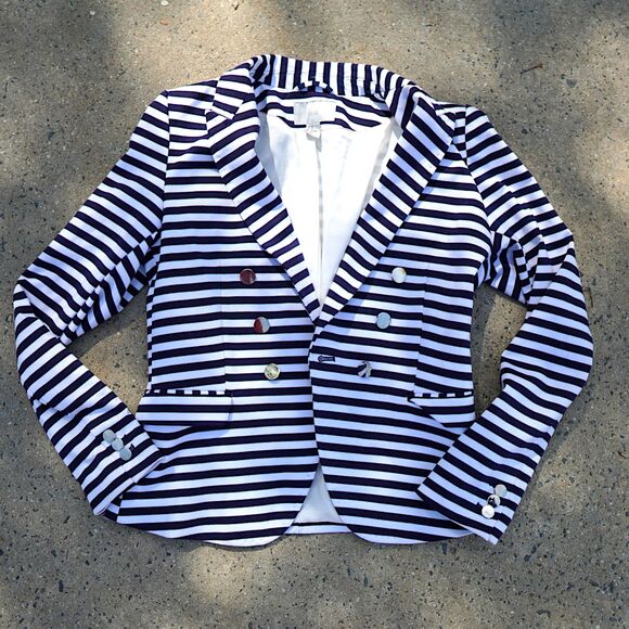 H&M Jackets & Blazers - H&M Navy White Striped Blazer Gold Button Tailored Jacket Size 12 Preppy Work